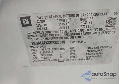 2016 Chevrolet Equinox Lt from USA, damaged, VIN 2GNALCEKXG6327540